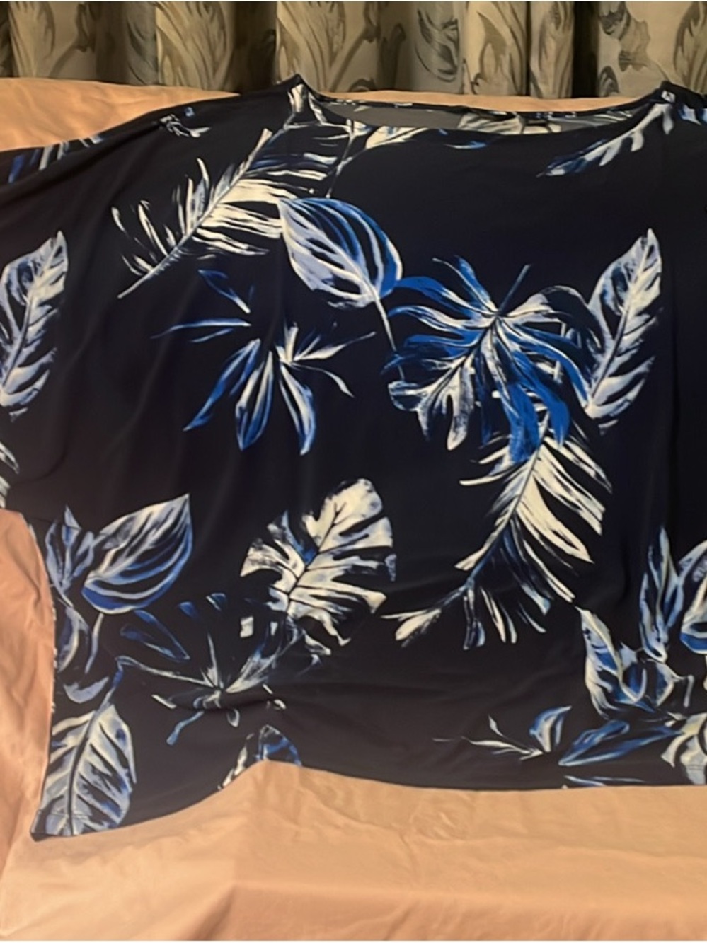 Attitudes by Renee Navy Blue Tropical Leaf Print Tunic 2 piece pant and top set